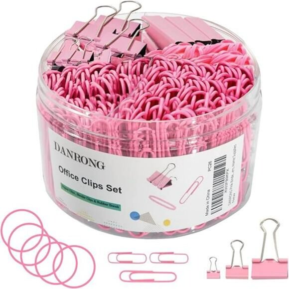 Pink binder clips paper clips rubber bands set 380 pcs office school supplies - Picture 8 of 8